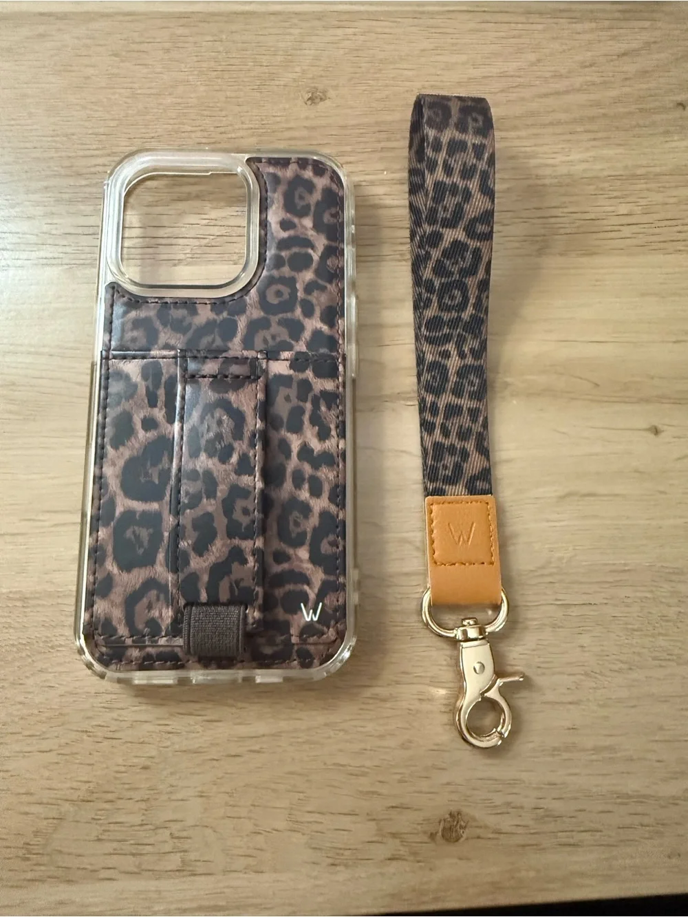 iPhone 16 Pro Leopard Print Card Slot Phone Case with Wrist Strap - Brown